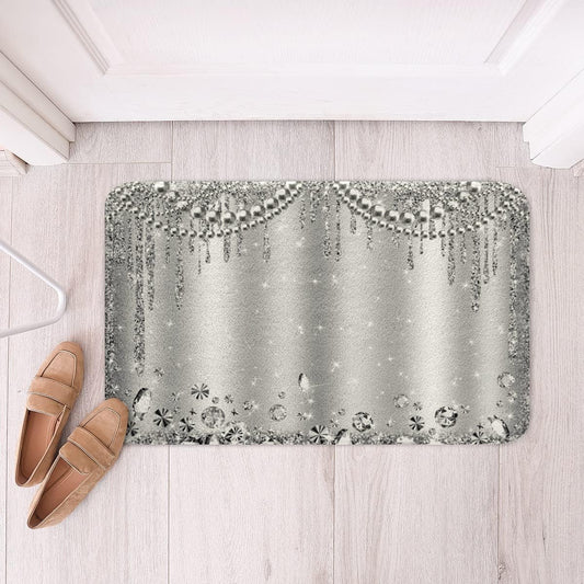 Doormat Grey Glitter Non Slip Bath Mat Diamond Pearls Silver Bathroom Rug for Teens Girls Men Luxury Sparkling Jewelry Shaggy Absorbent Floor Mat Starlight Galaxy Bath Indoor Doormat Decor,16"x24"