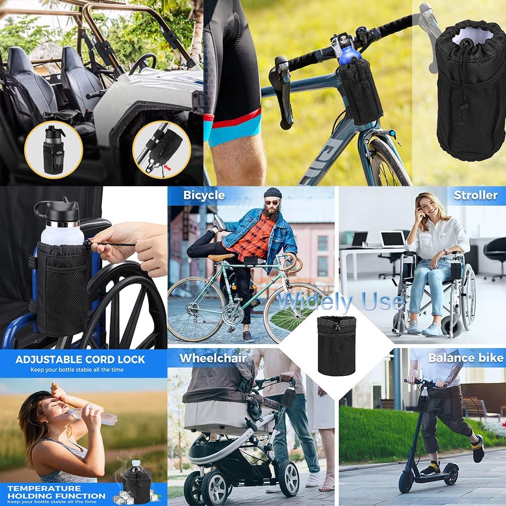 Cup Holder for Bike,Scooter and Wheelchair,Water Bottle Holder for Walker,Golf Cart and Beach,Universal Drink Holder Accessories with Net Pocket and Cord Lock (1 Piece,Black)