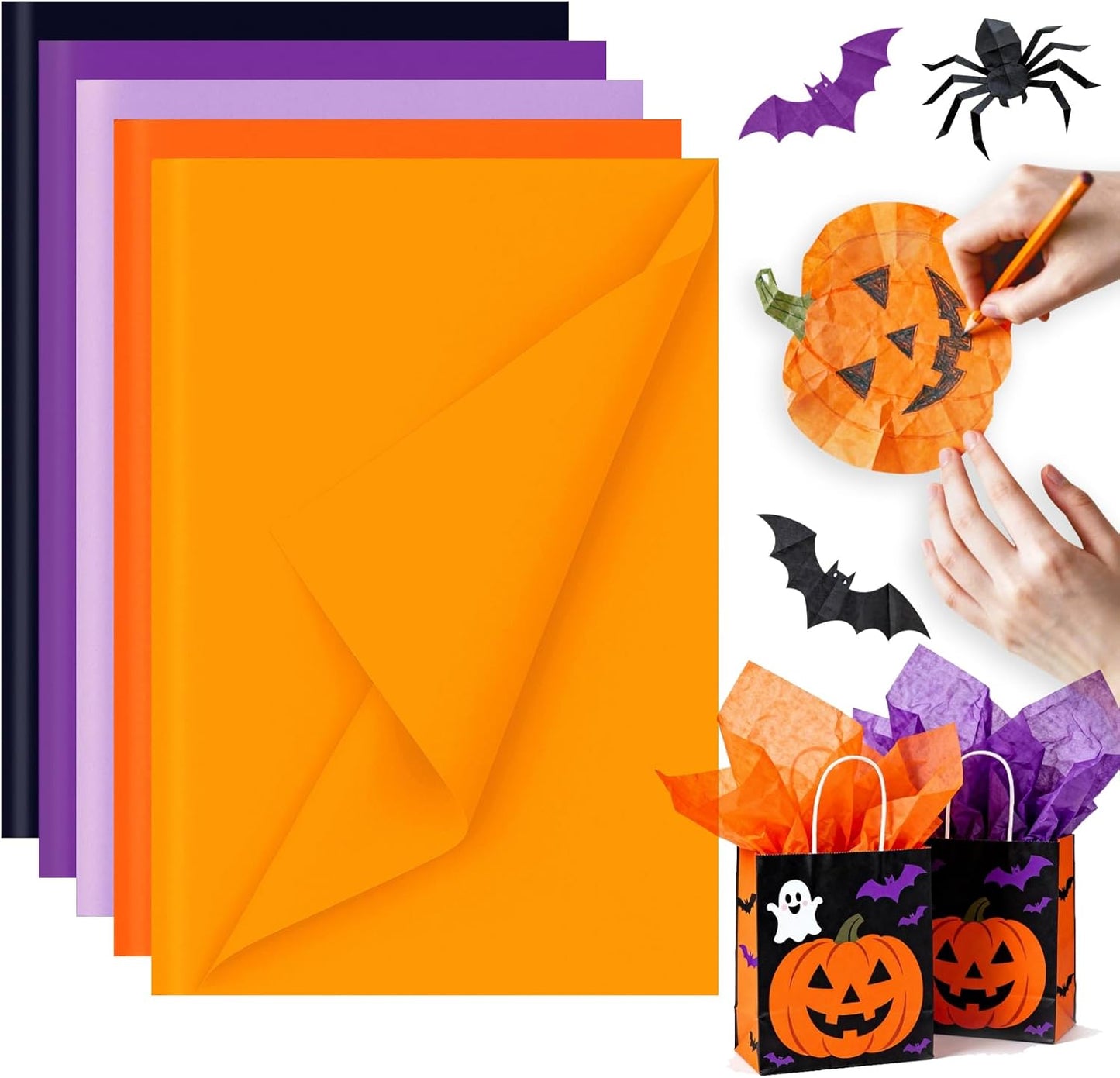 Shindel 120 Sheets Halloween Tissue Paper, 20x14 Inch Gift Wrapping Paper for Halloween DIY Crafts Gift Bags Boxes 5 Colors