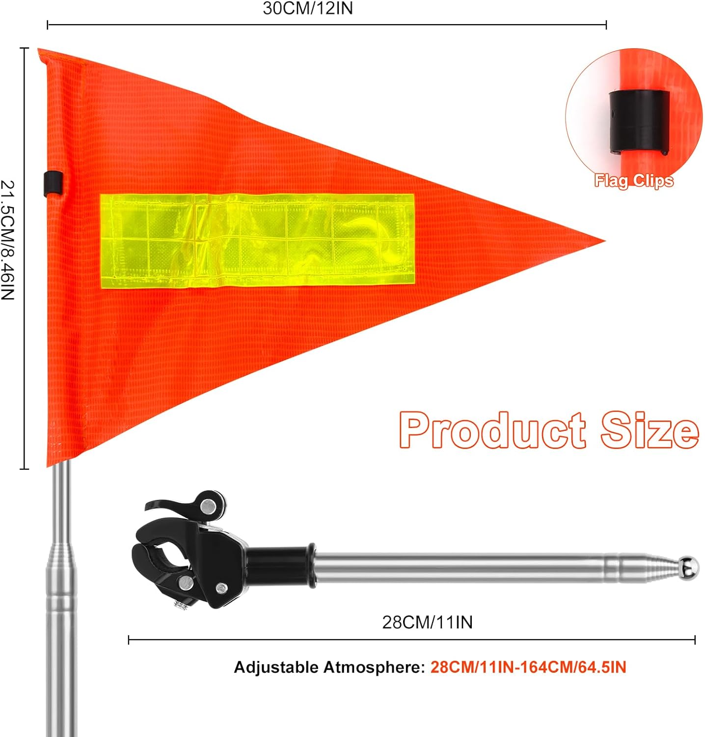 Golf Cart Flag Pole, Retractable Bike Flags With Pole For Safety, High Visibility Double-Sided Reflective Bicycle Flag (Telescopic 28-160cm)