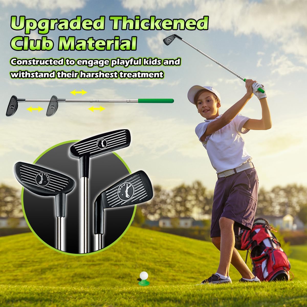 Upgraded Kids Toy Golf Set with Dinosaur Automatic Golf Returner, Led Light Up Night Golf Balls, 3 Clubs, Putting Mat, 3-8 Toddler Mini Golf Games, Indoor Outdoor Sports Toys for Boys Girls