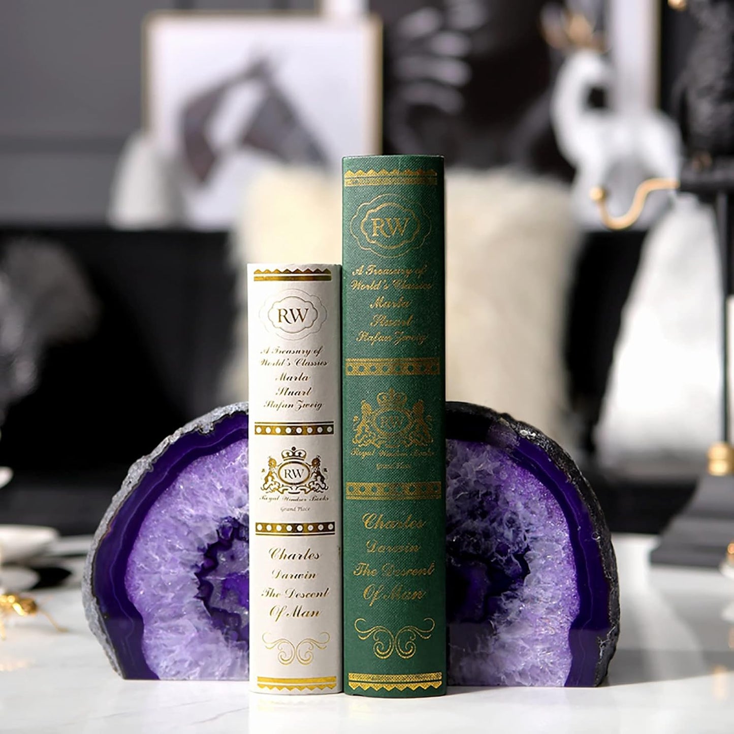 AMOYSTONE Heavy Agate Bookends, Natural Crystal Gemstone Book Holders Purple 5-6 LBS for Shelves, Stylish and Functional Bookends Gift for Women