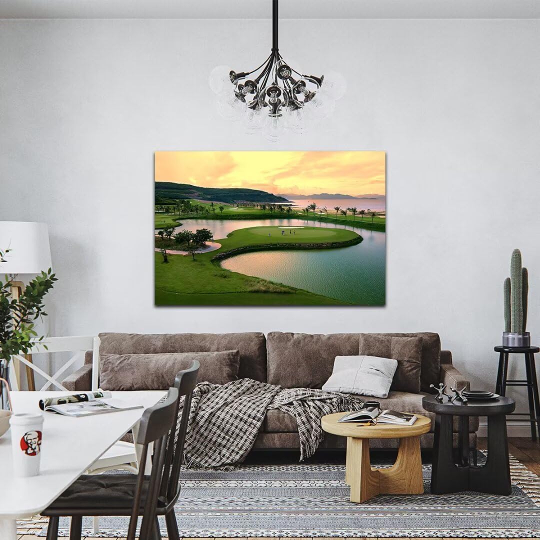 HJY Art USA Golf Course Wall Art for Gym Pebble Beach Golf Course Wall Decor Yellow Green Abstract Painting Poster for Home Decor Living Room Bedroom Bathroom Office Artwork (28 x 44 inch)