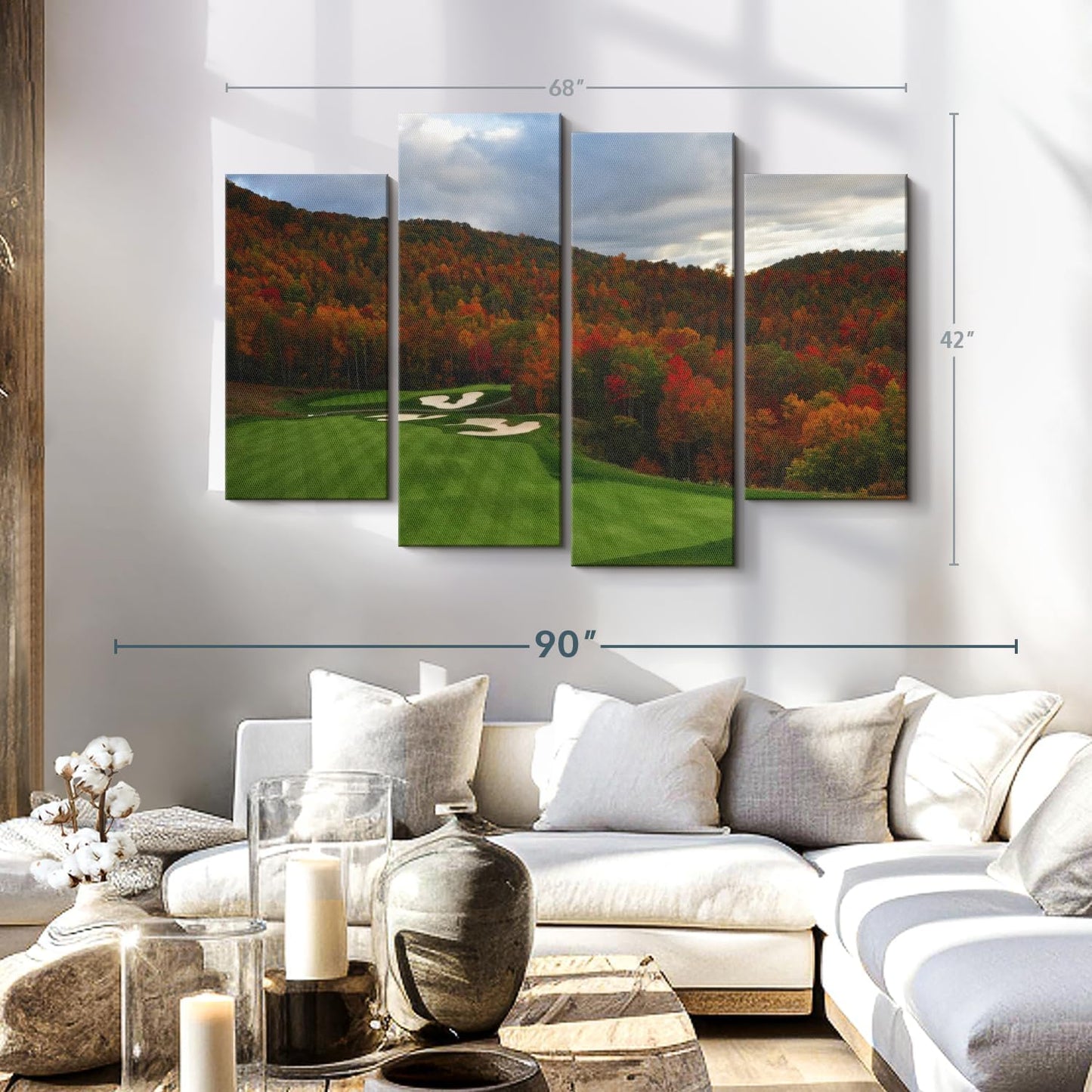 Elephant Stock Autumn Golf Course Wall Art - Horizontal Canvas - 4-Piece Living Room Wall Decor - Photography Sports Canvas Print - Blue and Orange Decor for Wall - 68" X 42"