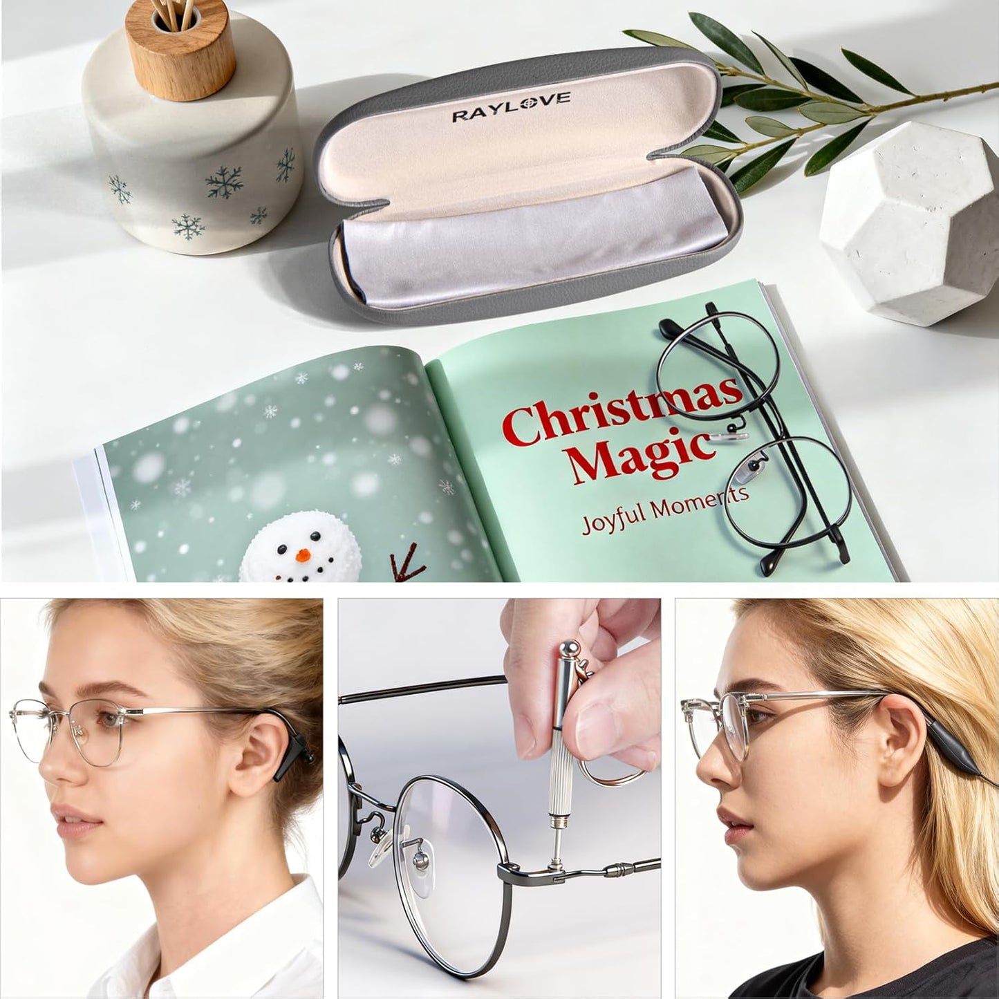 RayLove Glasses Case, Unisex Hard Shell Eyeglass Case, PU Leather Protective Hard Eye Glasses Cases with Eyewear Accessories