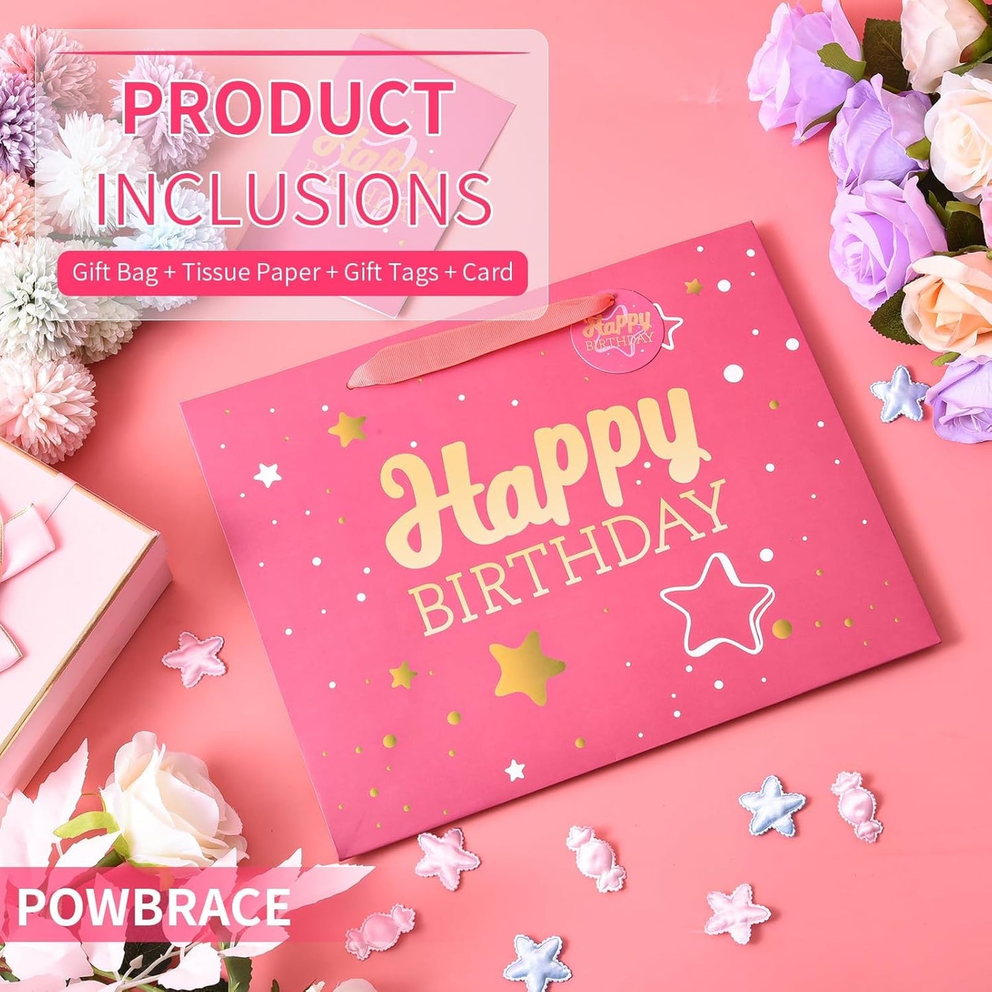 13" Pink + Black Happy Birthday Gift Bag with Tissue Paper and Greeting Card for Party,Happy Birthday Gift Bag for Men Women, Gift Bags Medium size(2 PCS Pink & Black)