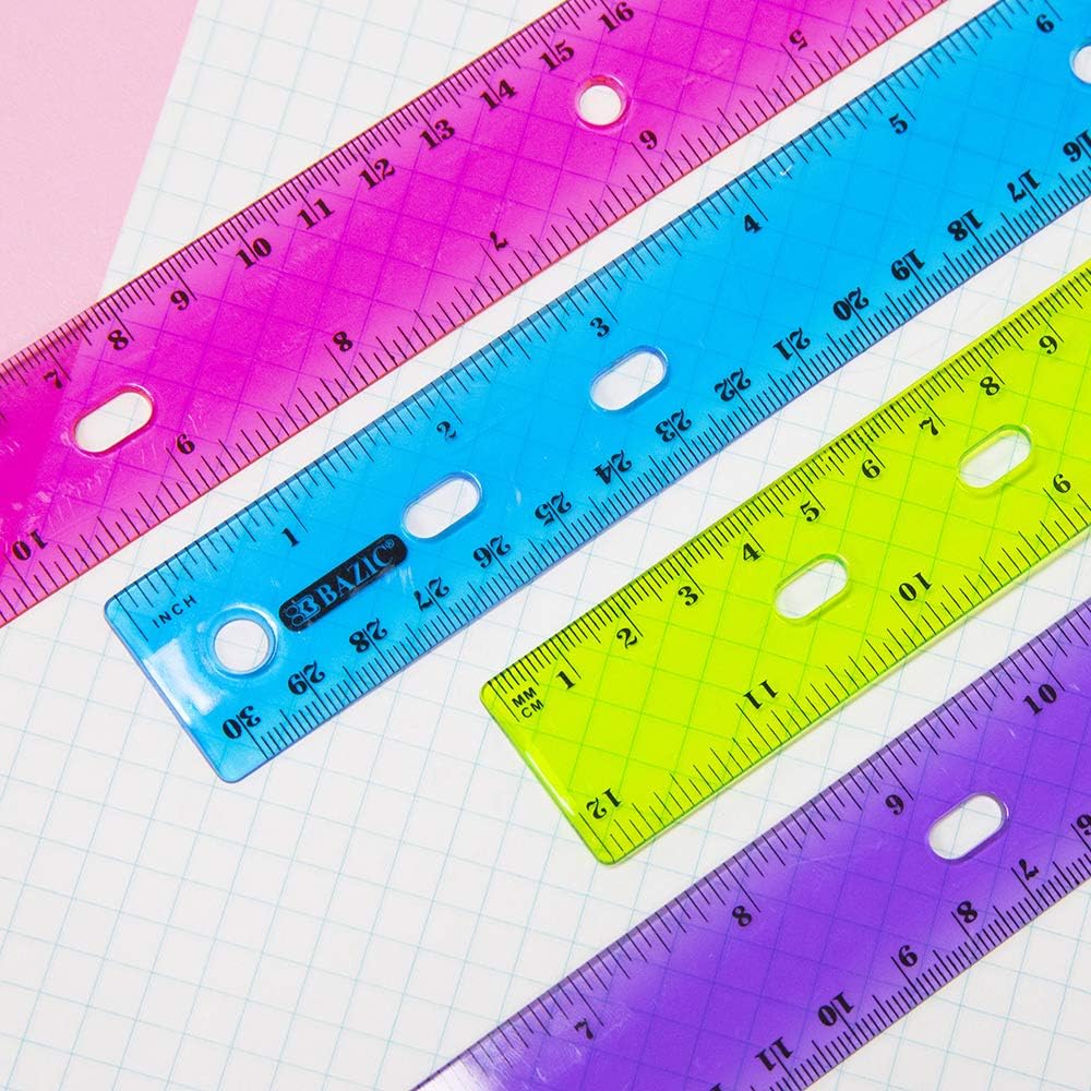 BAZIC Products Jeweltones Color Plastic Ruler 12" (30cm), Inches Centimeter Metric Measuring Drafting Rulers, for Students School Supplies (4/Pack), 2-Packs