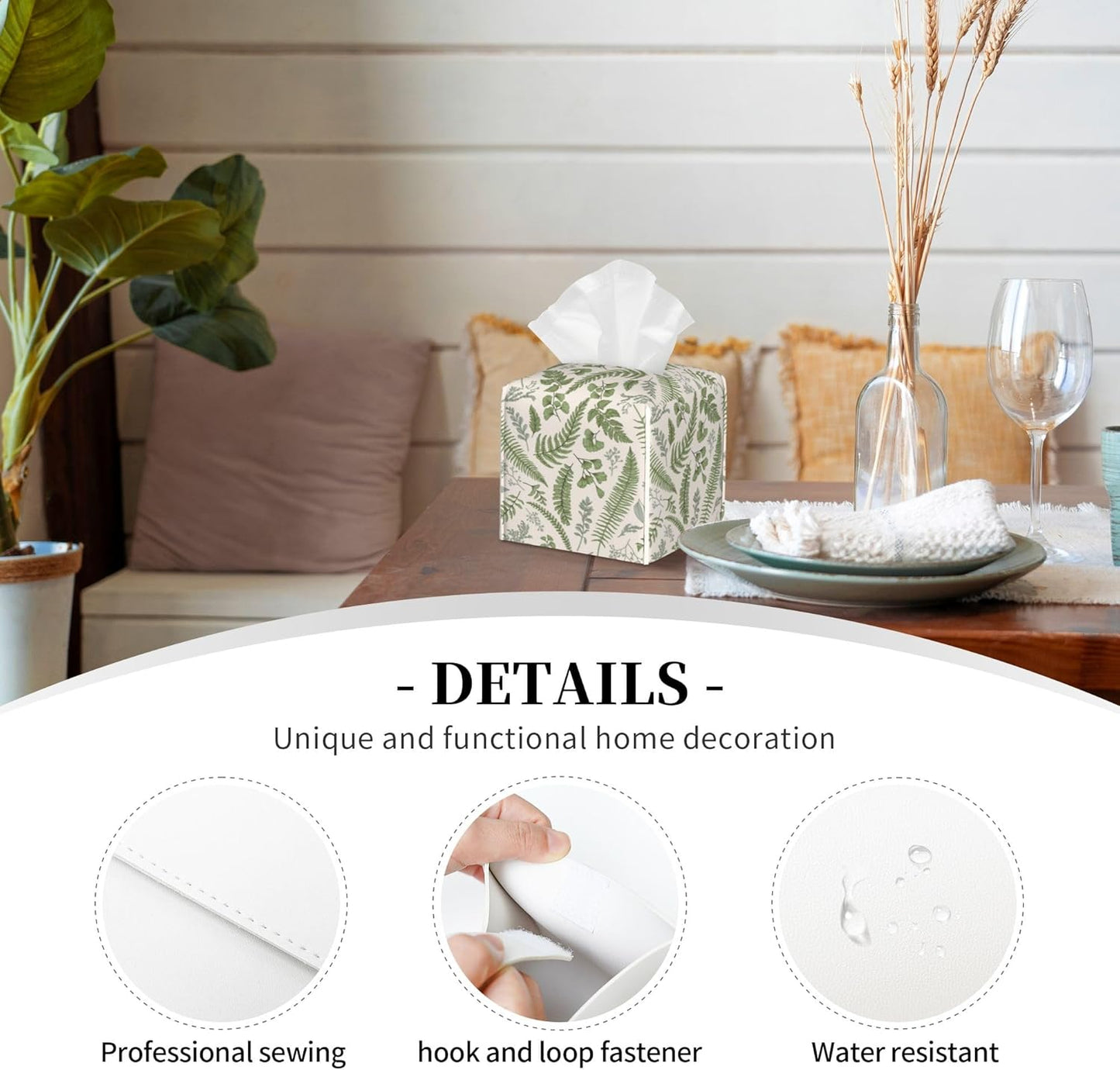Tissue Box Holder Leaves and Herbs Tissue Box Cover Square Leather Tissue Holder Organizer Portable Decorative Facial Paper Case for Home Office Bathroom Vanity Countertop