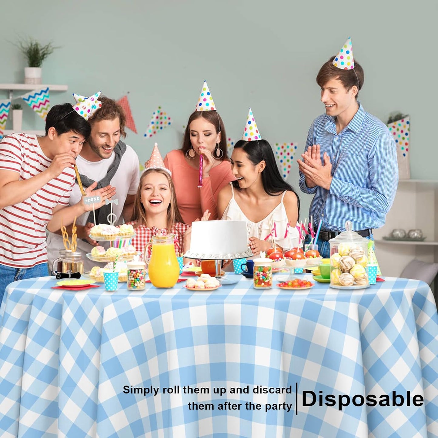 3 Pack Blue and White Checkered Tablecloth, Round Blue Gingham Plastic Table Cloths for Parties Disposable, 84x84 in Waterproof Camping Tablecloth for Birthday Party Baby Shower Picnic School