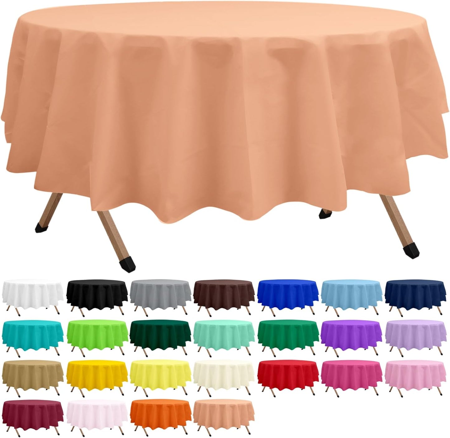 2 Pack Peach Premium Plastic Tablecloth Round 84 Inches Reusable Rose Gold Peach Decorative Table Cover for Dining, Wedding, Party, Indoor and Outdoor use