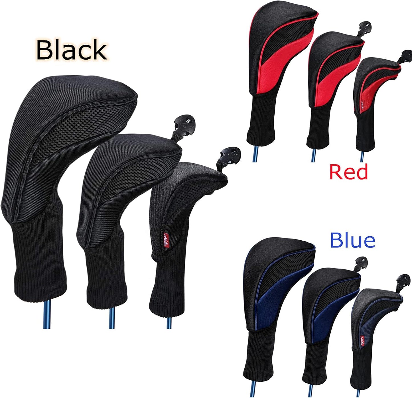 Black Golf Club Head Cover for Driver Fairway 3 Pcs Woods Headcovers, Golf Accessories Hybrid Head Covers Set with Interchangeable Tags 3 4 5 7 X