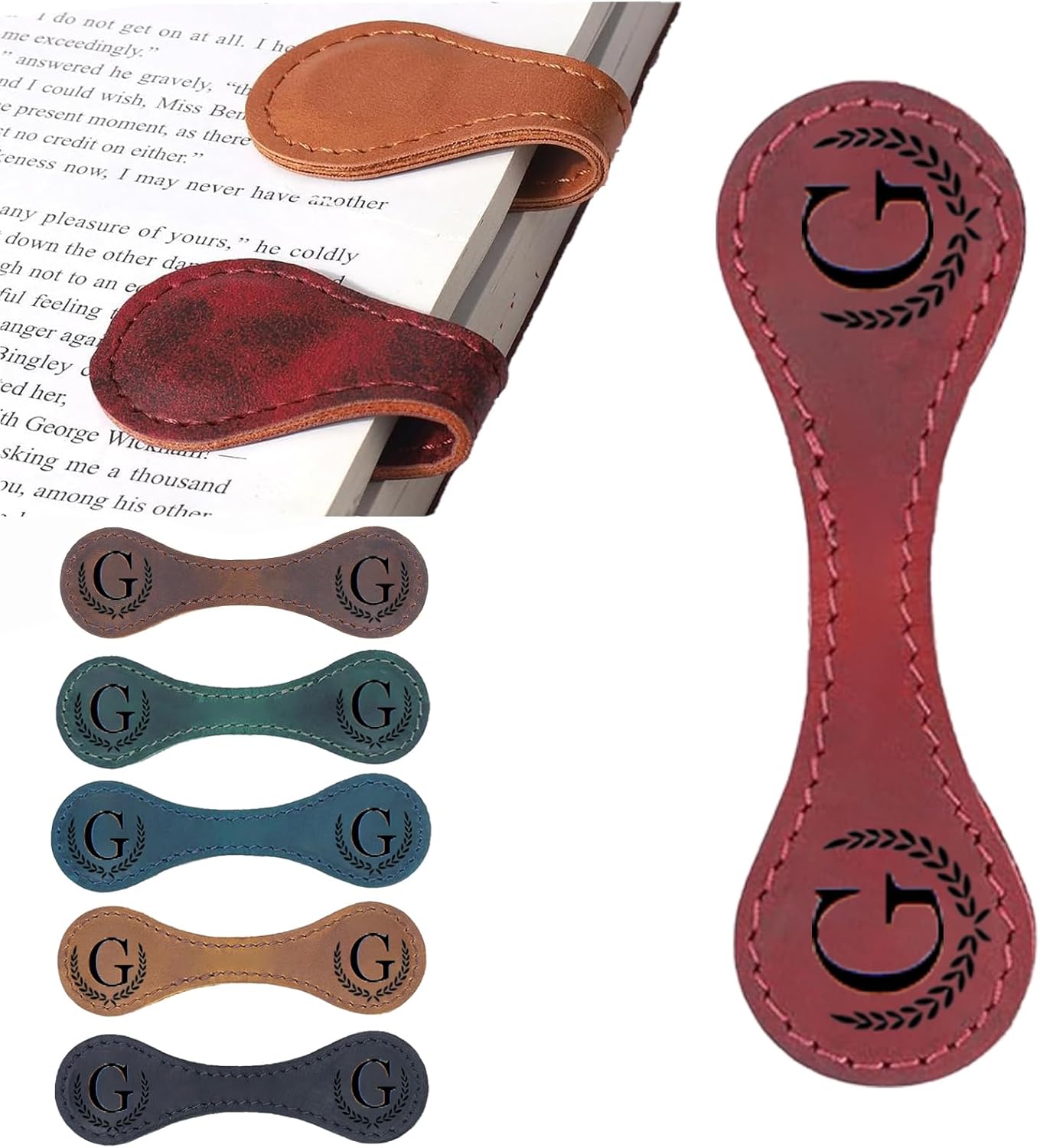 Personalized Magnetic Leather Bookmark, 26 Letters Custom Leather Bookmarks, Handmade, Leather Magnetic Bookmark for Book Lovers Readers Women Kid(Red，G）