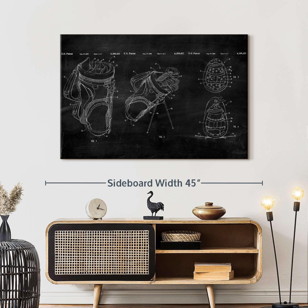 ElephantStock Ridged Golf Bag Dividers BW Patent Canvas - 1 Panel Sports Patent Wall Art Decor - Sports Decorations for Boys Room - Wall Art and Office Decor - 39" X 26"