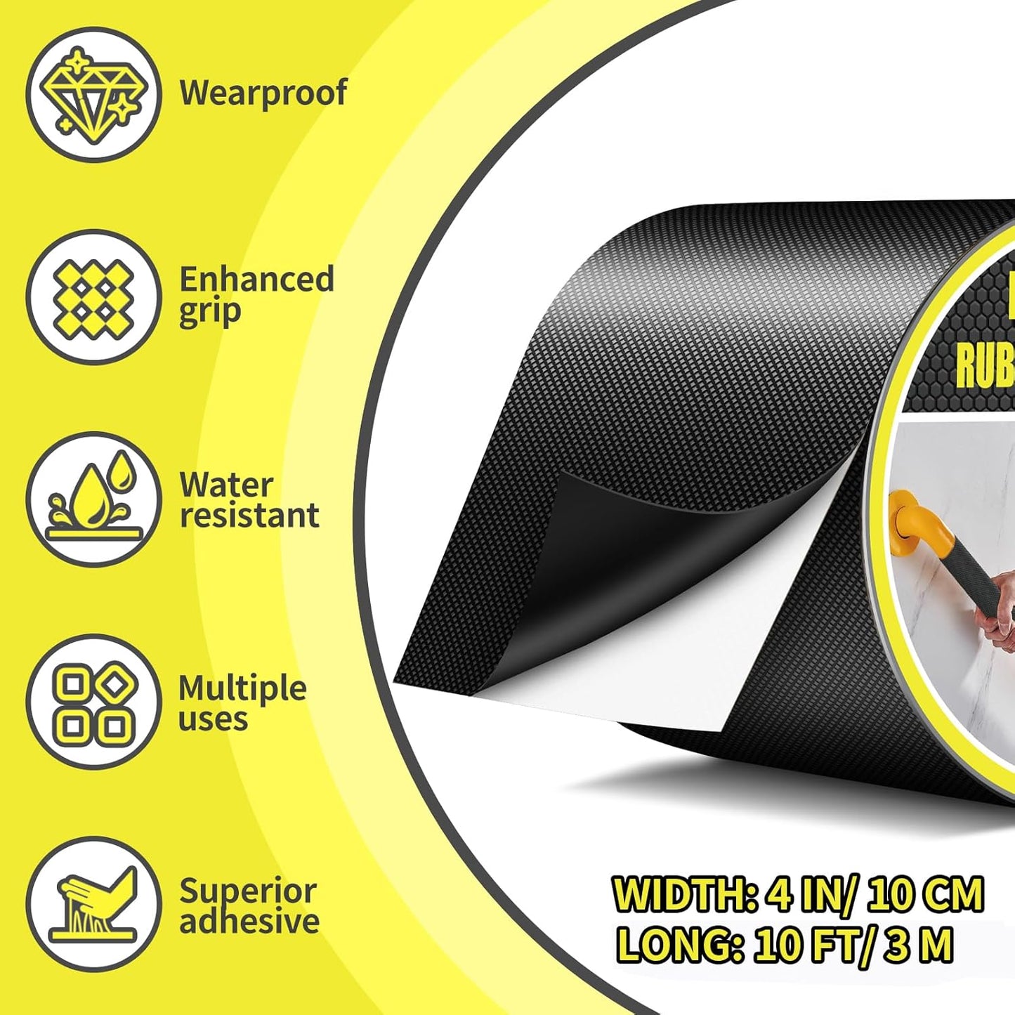 Rubber Grip Tape, Ultra Strong Waterproof Anti Slip Tape with Textured Adhesive for DIY Tools & Gadgets, Customizable for Enhanced Comfort & Safety (4In x 10Ft, Black)