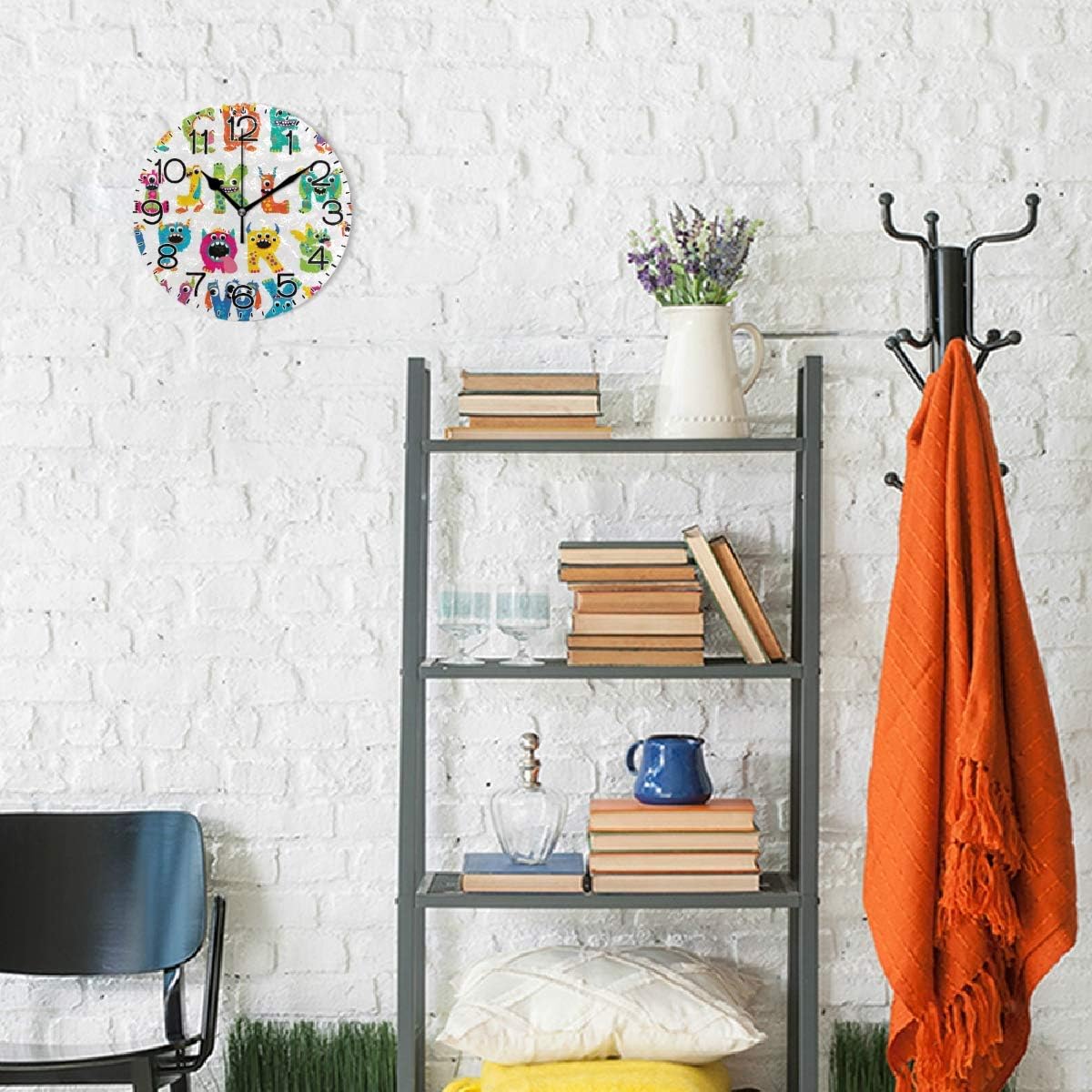 Funny Monster Alphabet Wall Clock Battery Operated Non Ticking Silent Quartz Analog Rustic Farmhouse Round Clock Retro Decor for Home Kitchen Living Room Bathroom