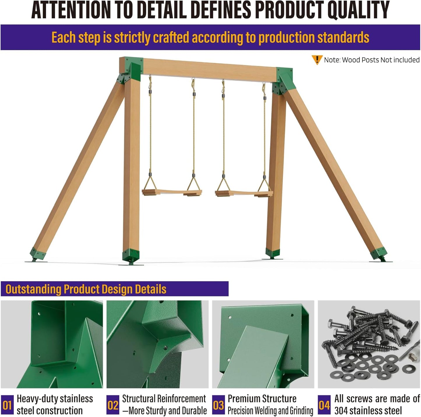 Hulave 2pcs A-Frame Swing Set Brackets, 201 Stainless Steel Swing Bracket Kit with Mounting Accessories(Green)