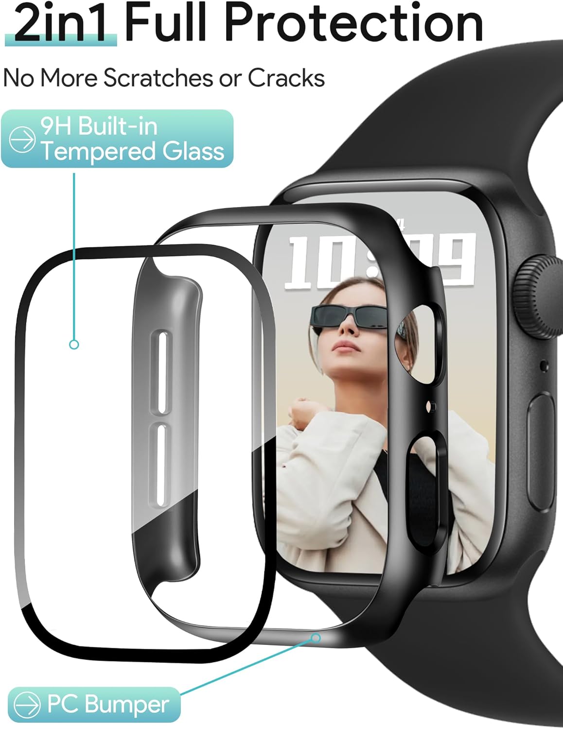 JR.DM 46mm 2 Pack Hard PC Case with HD Tempered Glass Screen Protector for Apple Watch Series 10/11 (2025), Guard Bumper Full Coverage Protective Anti-Scratch Face Cover for iWatch, Black+ Black
