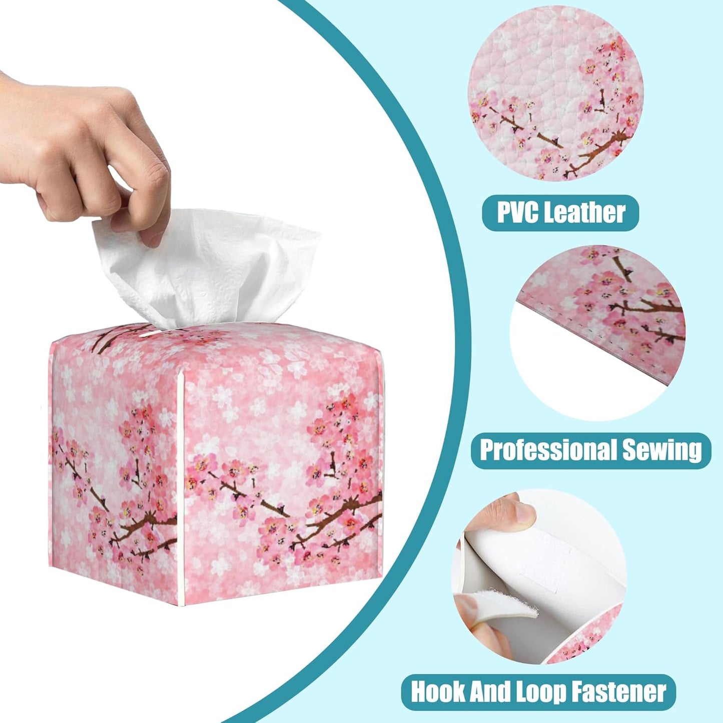 Pink Cherry Tissue Box Holder,Spring Blossom Square Leather Tissue Box Cover with Bottom Belt,Waterproof Modern Napkin Holder Organizer for Car Bathroom Vanity Office Tabletop,5.2" x 5.2" x 5.2"