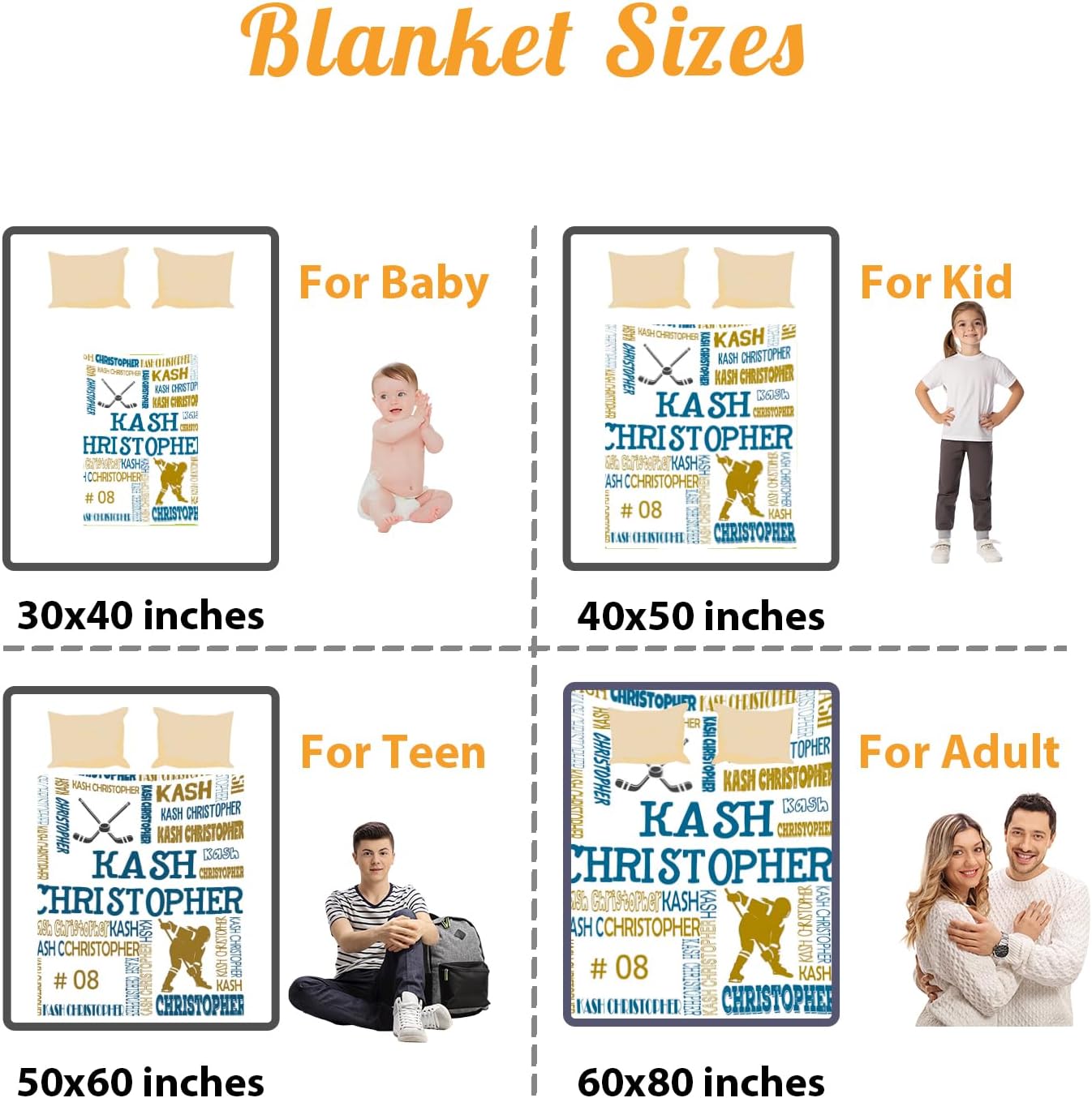 Custom Name Hockey Blanket - Personalized Names Soft Plush Flannel Throw Blankets for Baby Kids Teen Girls Holidays Birthdays Gifts Color10