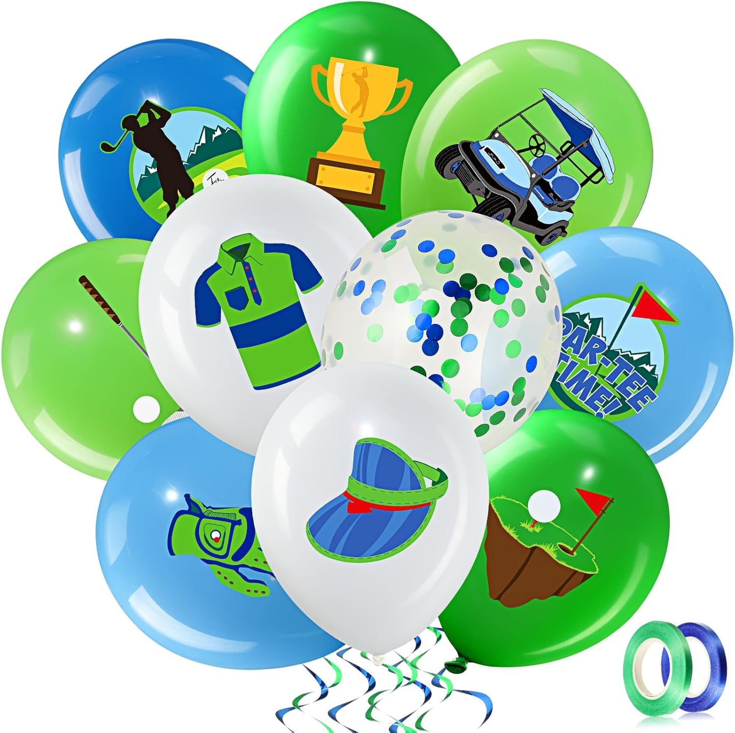 Capoda 60 Pcs Golf Theme Party Decoration 12 Inch Golf Balloons Bulk Navy Blue Green White Latex Balloons with 2 Ribbons for Kids Sport Birthday Party Decor Supplies