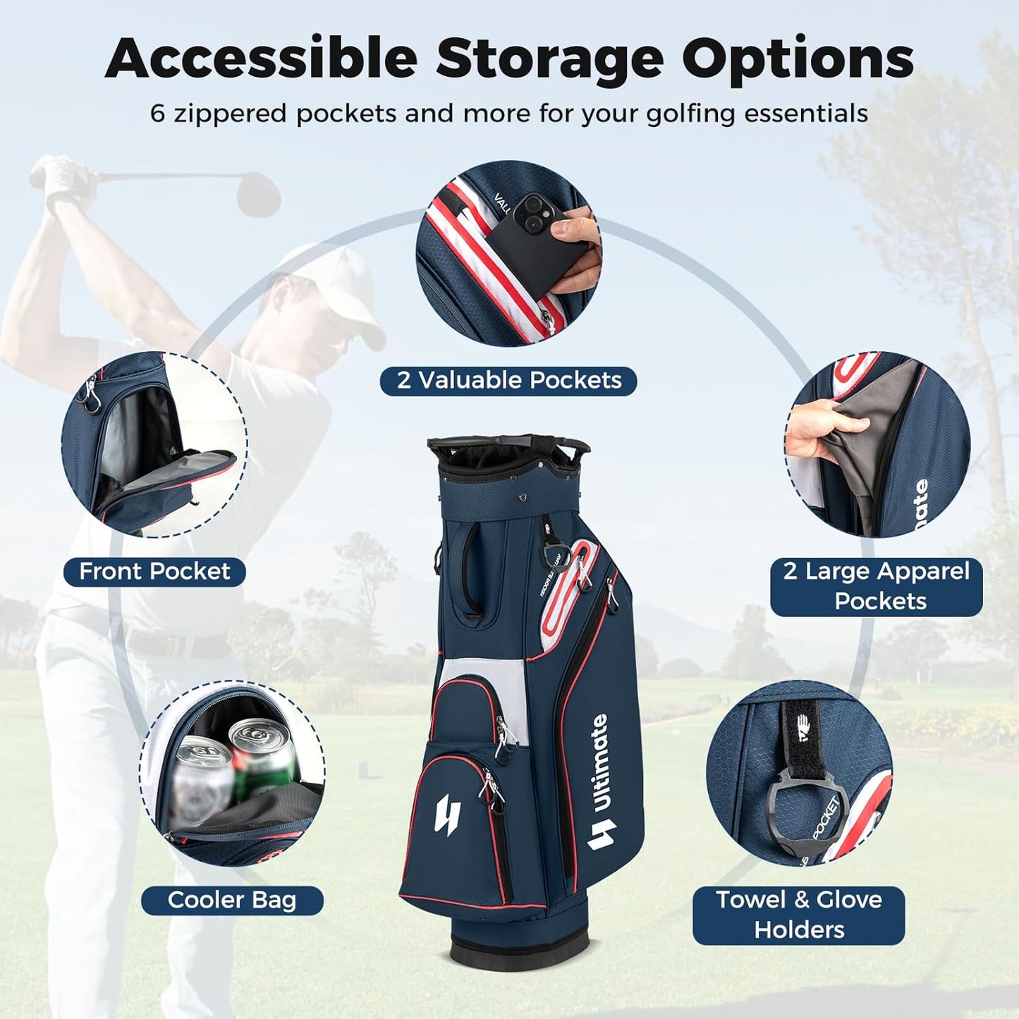 ULTIMATE Golf Cart Bag, Lightweight 14-Way Organizer Divider Top with 6 Pockets, Cooler Pocket, Rain Hood, Adjustable Shoulder Strap and Lift Handles, Portable Golf Club Bag for Men & Women