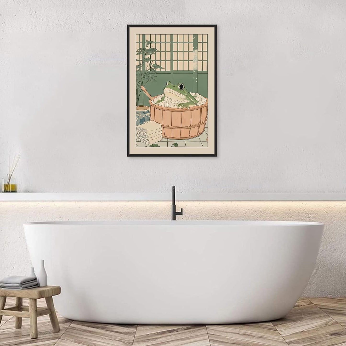Funny Bathroom Wall Art Japanese Aesthetic Frog in a Bathtub Posters Cute Animal Canvas Prints Vintage Neutral Minimalist Wall Decor for Apartment Dorm 24x36in Framed
