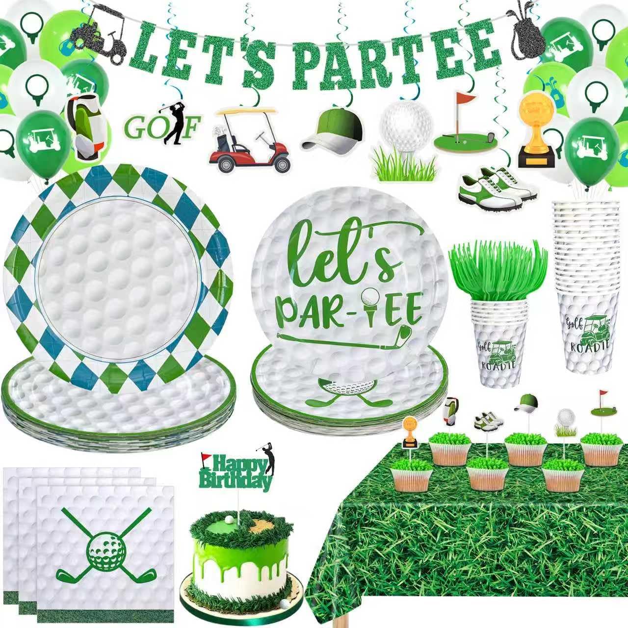 Golf Birthday Party Decorations,158pcs Golf Themed Party Decorations Include Tablecloth,Plate and Napkin,Cup,Fork,Banner,Balloon,Cake Topper,Hanging Swirls, Golf Party Supplies Serve 24