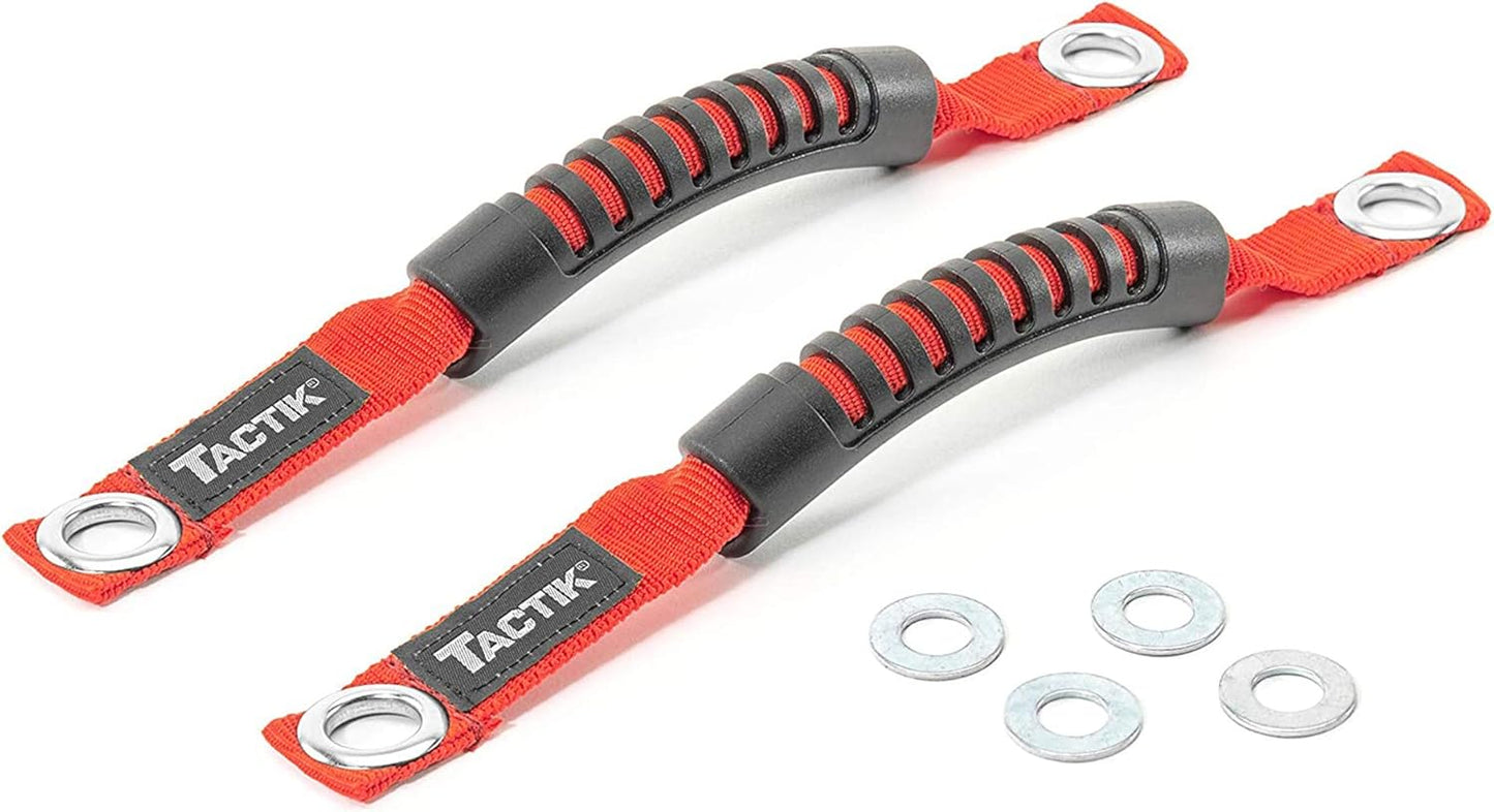 TACTIK 3-in-1 Tactical Grab Handle Pair, Red - Compatible with Jeep Wrangler JK 2007 to 2018 - Install in Windshield Corners, Sport Bars, and Front Headrest Posts - Nylon with Vinyl Grips