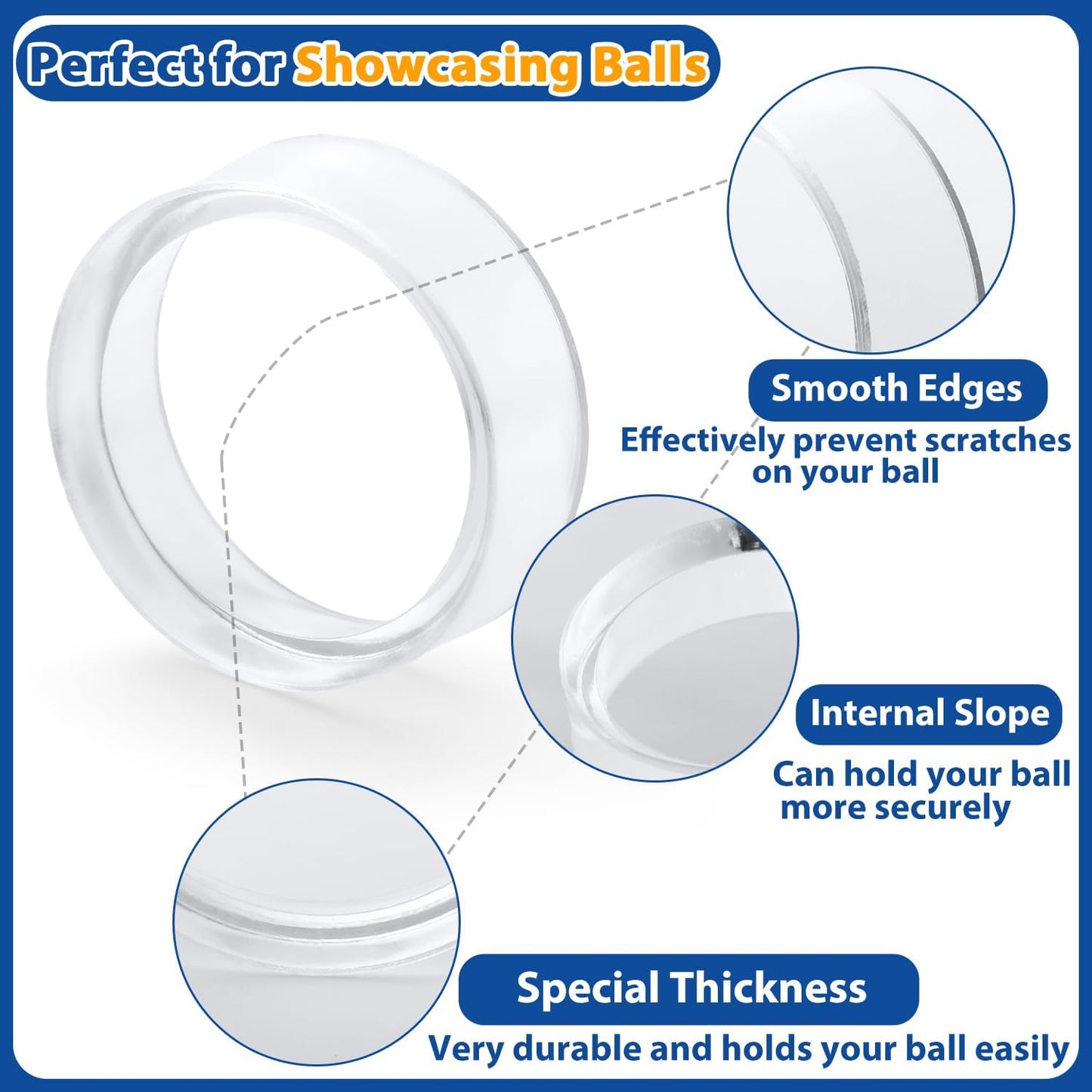 Small Clear Display Stand Ring Holder | 30 PCS (0.6 Inches) | Round Beveled Pedestal for Dragon Ball, Golf, Baseball, Egg, Spheres, Marble | Hold Up to 10lb | Perfect for Small Collections