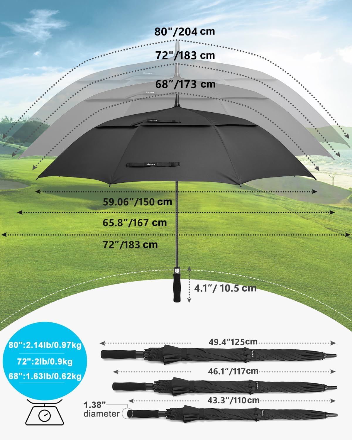 Gonex 54/62/68/72/80 Inch Extra Large Golf Umbrella, Automatic Open Travel Rain Umbrella with Windproof Water Resistant Double Canopy, Oversize Vented Umbrellas for 2-3 Men and UV Protection, Multiple Colors