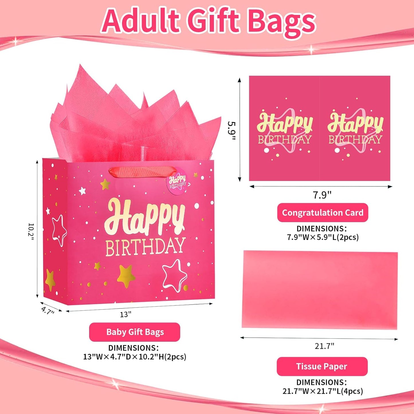 13" Pink Happy Birthday Gift Bag with Tissue Paper and Greeting Card for Party,Happy Birthday Gift Bag for Men Women,Gift Bags Medium size(2 PCS Pink Hot Stamping)