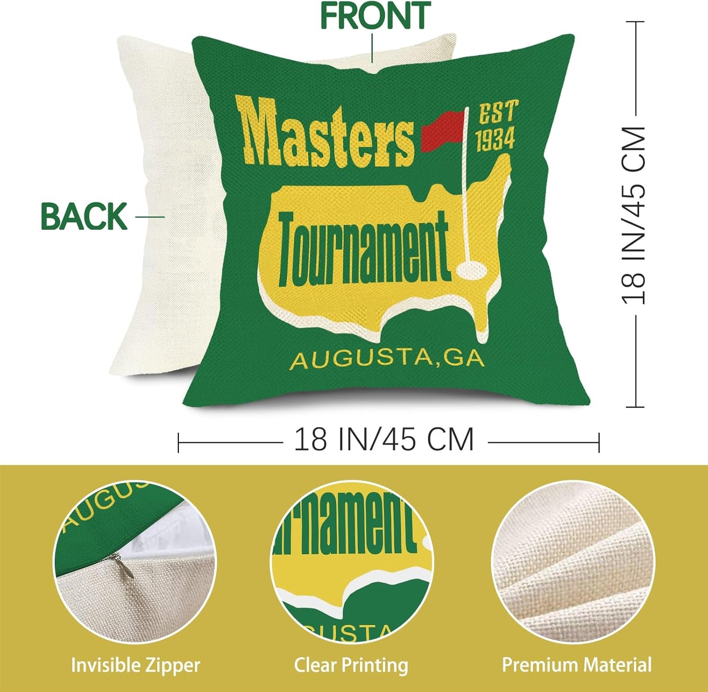 Golf Masters Tournament Decorative Throw Pillow Covers 18 x 18 Set of 4, Green Yellow Golf Roadie Cart Ball Outdoor Home Decor, Let's Par Tee Club Sports Boys Couch Cushion Case Golfer Gifts