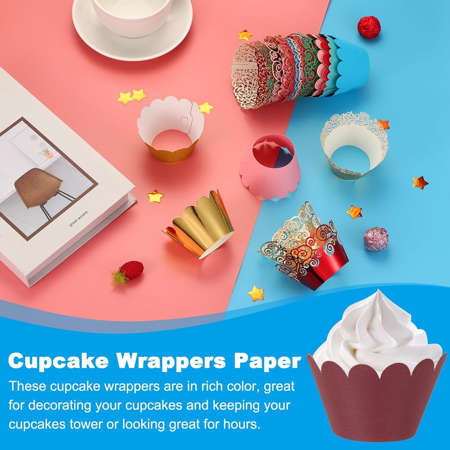 PATIKIL Cupcake Wrappers Paper, 50 Pack Baking Cups Standard Wave Decoration for Anniversary Birthday Weddings and Parties, Dark Red