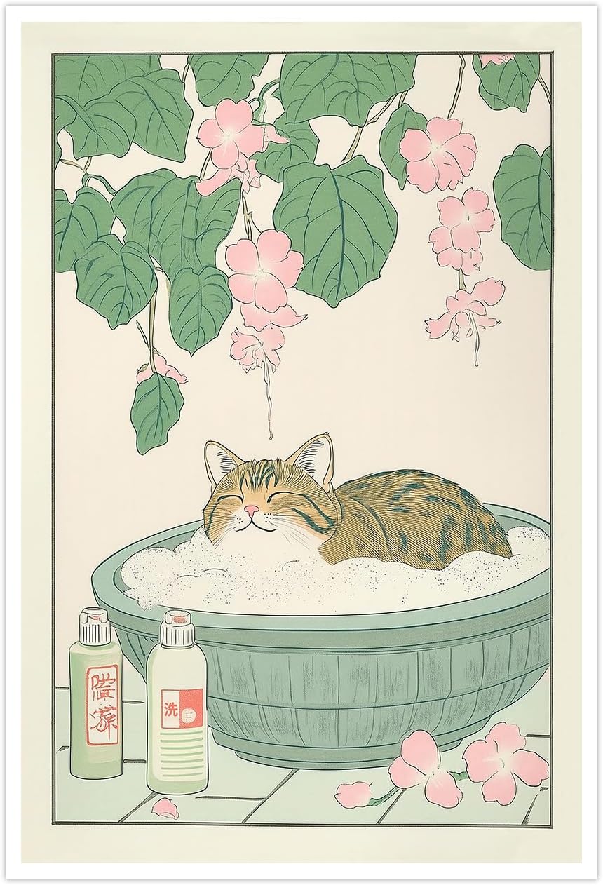 Vintage Tabby Cat in The Bathtub Posters Funny Bathroom Wall Art Cute Animal Lover Canvas Prints Japanese Aesthetic Neutral Minimalist Wall Decor for Dorm Restroom 12x16in Unframed