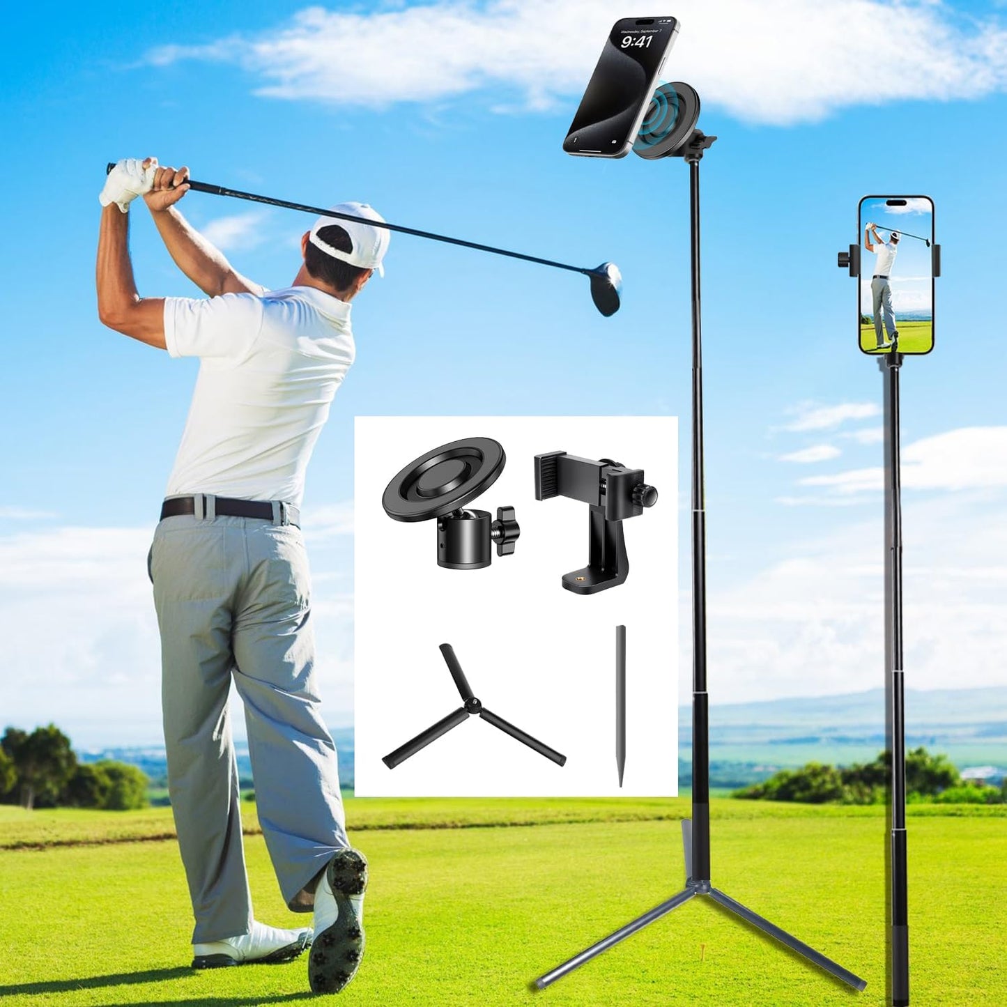 WIGERLON Golf Monopod Stick,Golf Tripod, Golf Recording Stick with Magnetic Phone Holder and a Adjustable Clip Smartphone Holder.irangesports Stick for Golf Swing