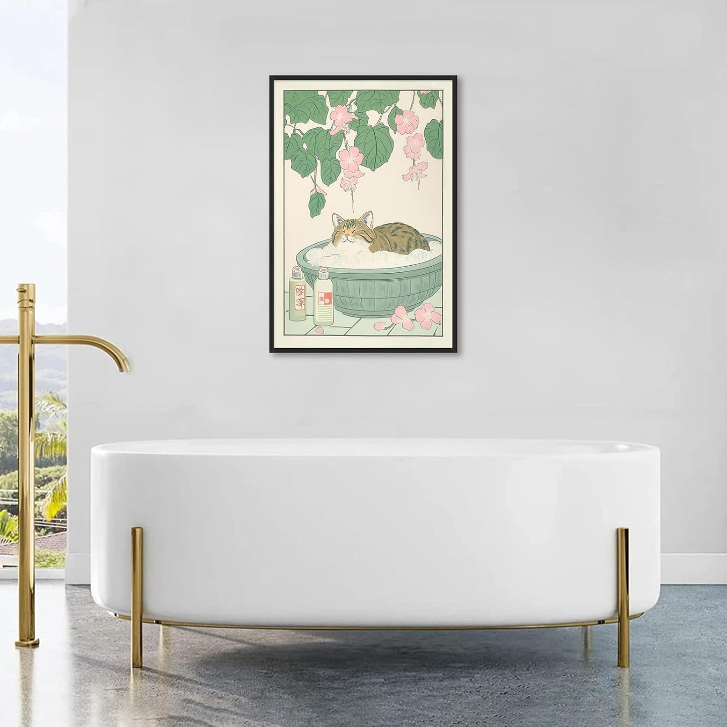 Vintage Tabby Cat in The Bathtub Posters Funny Bathroom Wall Art Cute Animal Lover Canvas Prints Japanese Aesthetic Neutral Minimalist Wall Decor for Dorm Restroom 24x36in Framed
