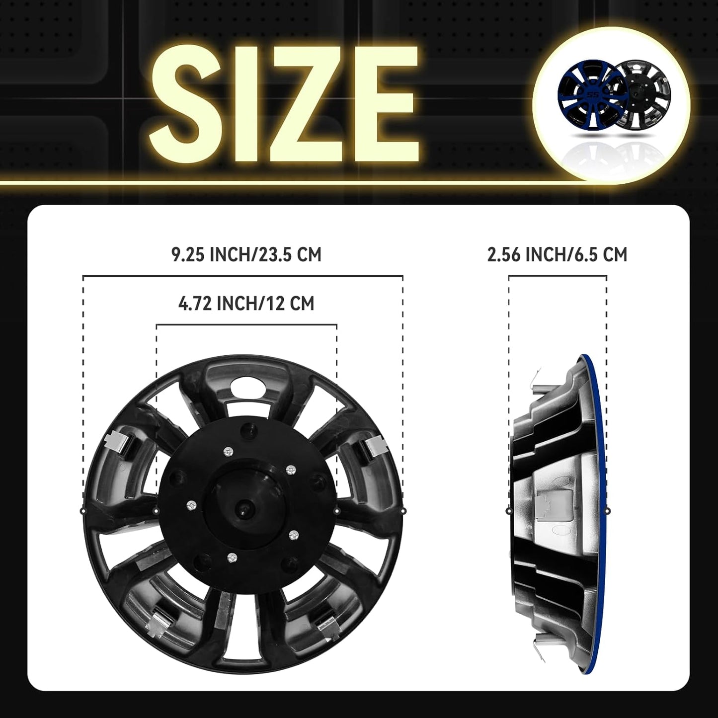 Golf Cart SS Wheel Covers Hub Caps for EZGO Club Car Yamaha, 8 inch Golf Cart Hub Caps, Set of 4 Wheel Covers, Black and Blue