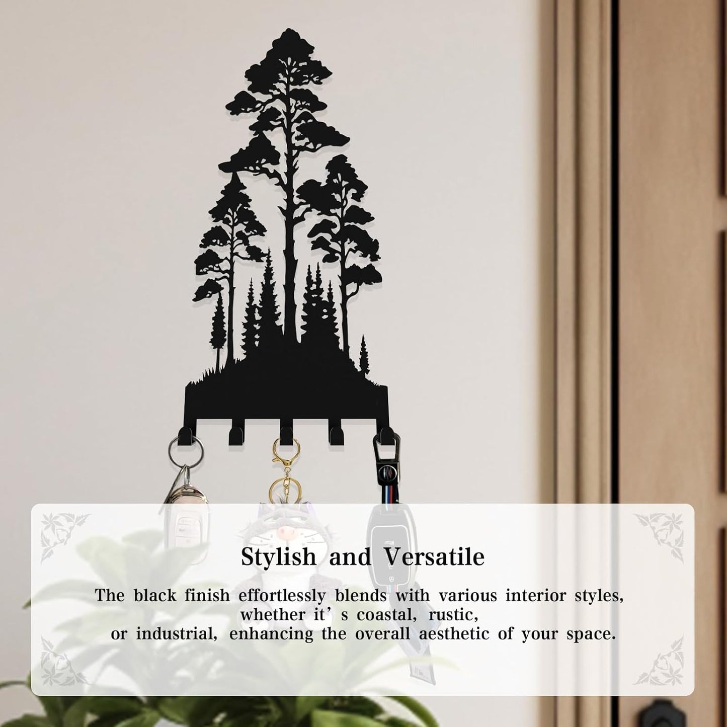 Metal Key Holder for Wall,Lofty and Dense Trees Key Hooks Wall Mount Whith 5 Hooks,Black Metal Key Hanger Wall Decor for Front Door,Hallway,Entryway,Office