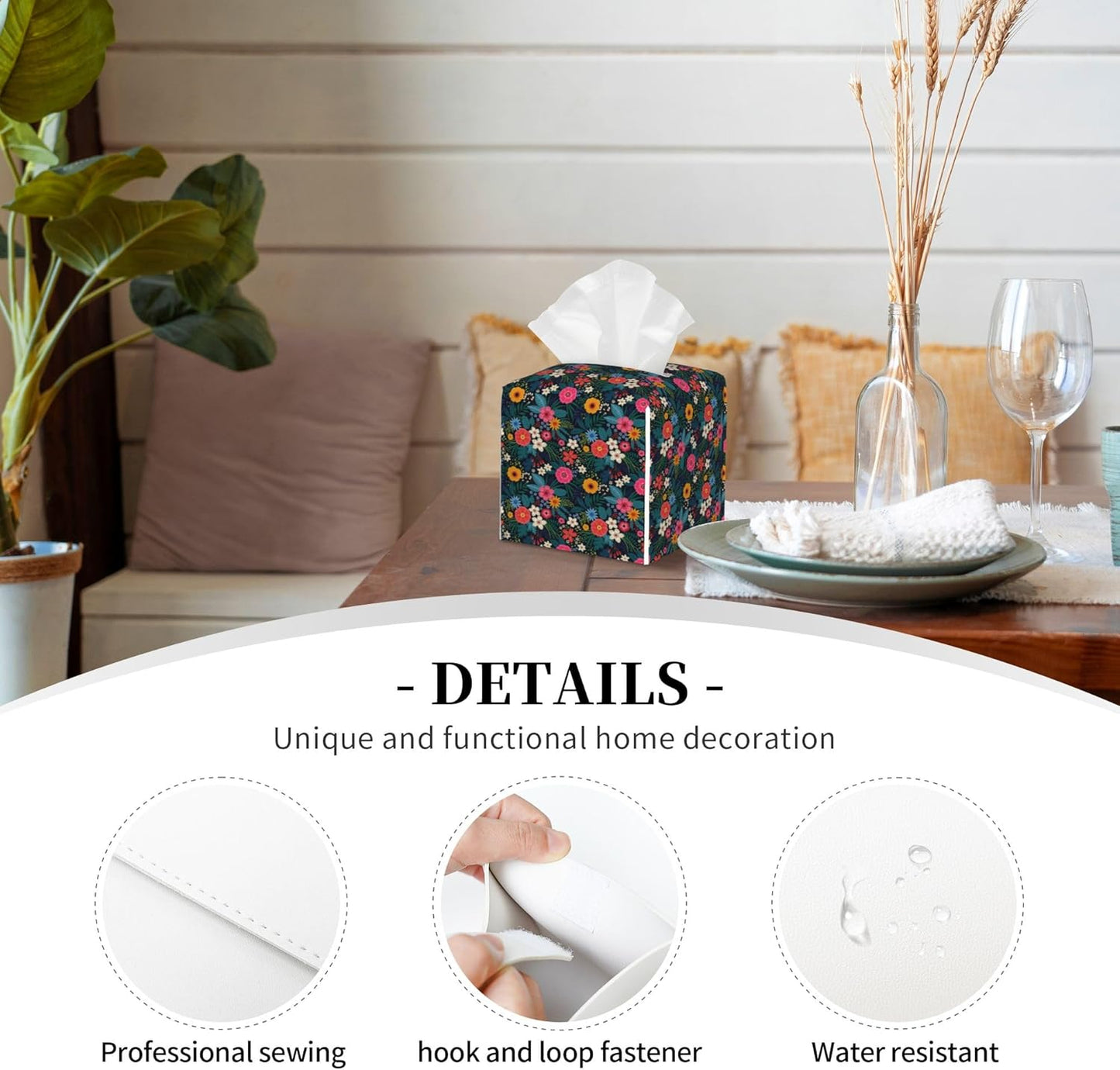 Colorful Flowers and Leaves Tissue Box Cover Leather Tissue Box Holder Square Facial Paper Organizer Dispenser for Bathroom Kitchen Bedroom Vanity Countertop Night Stands