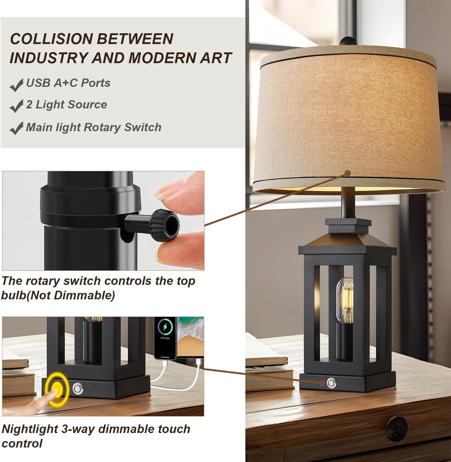 23.75" Retro Farmhouse Black Table Lamp for Living Room Bedroom Nightstand Single Pack Touch Control Bedside Nightlight Vintage Modern Lamp with USB C+A Ports and 2 Light Sources