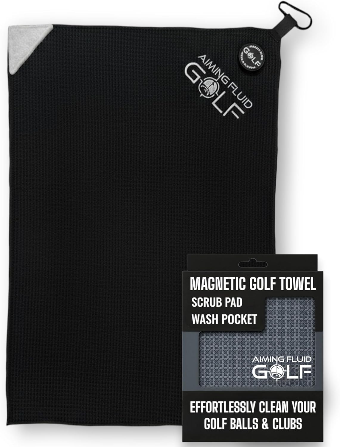 Magnetic Towel with Premium Strong Magnet for Golfing Carts, Clubs & Bags - Ultra-Absorbent Waffle Weave Design (Black, 16" x 24" Stubby)
