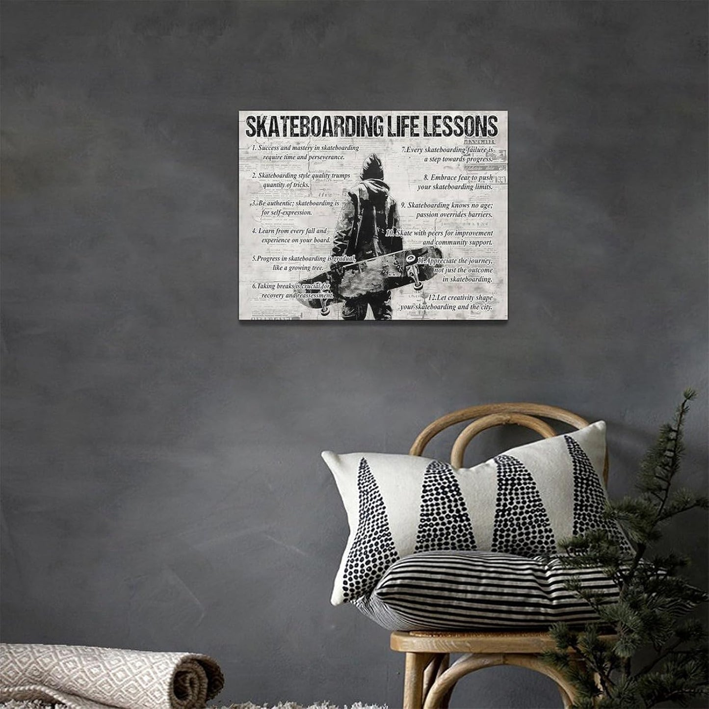 Skateboarding Sports Wall Art Skateboarding Life Lessons Wall Decor Skateboard Sign Retro Poster Boy Men Motivational Decorations Canvas Print Painting Artwork for Bedroom Living Room Gym 16"x12"