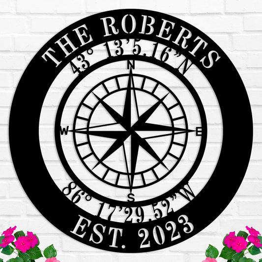 Custom Compass Metal Sign, Personalized Coordinates Sign, Nautical Wall Art, Custom Coordinates Wall Decor, Beach Lake House Decor