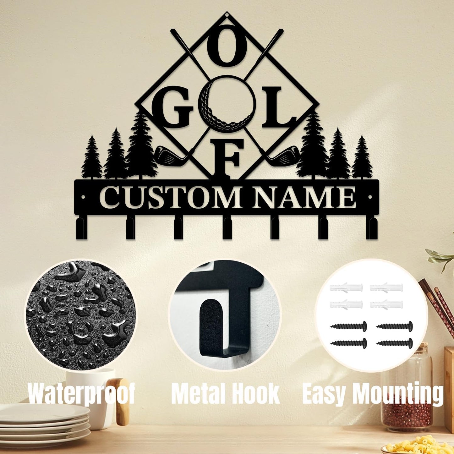 Personalized Custom Name Golf Ball Wall Keys Hooks,Metal Golf Art Clothes Hooks,Metal Golf Lover Wall Home Storage Decorative,For Front Door, Hallway, Kitchen, Bedroom,Keys,Hats (Style I)