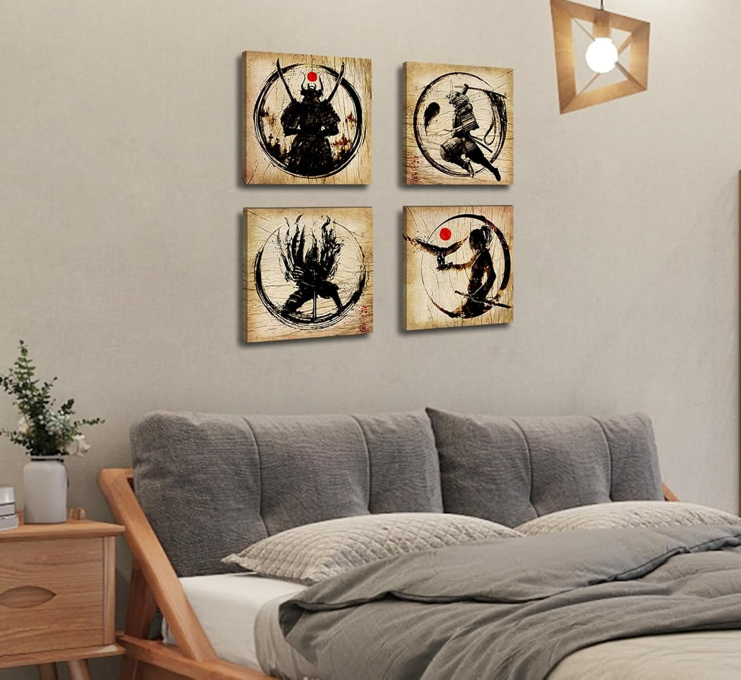Japanese Decor Wall Art Retro Japanese Armored Samurai Painting Anime Posters Canvas Pictures Office Vintage Black Asian Modern Living Room Bedroom Artwork Framed Ready to Hang 12"X12"X4 Panels