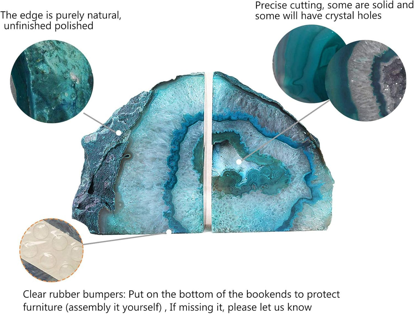 AMOYSTONE Teal Agate Bookends, Large Decorative Crystal Stone Ends 4-6 LBS for Heavy Books, Perfect for Study Room and Office Bookshelf Decor