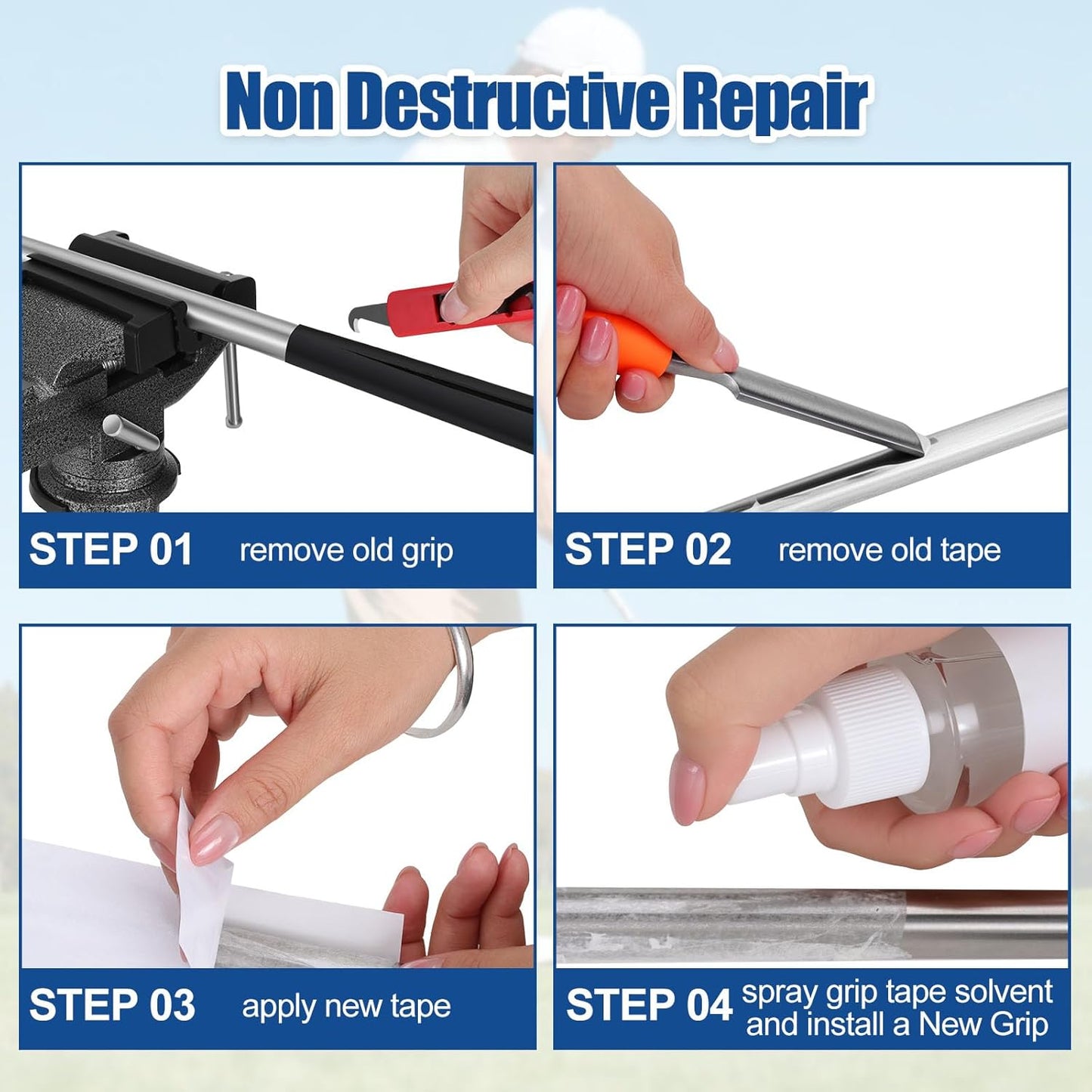 Golf Grip Kit for Regripping Golf Clubs, golf regripping kit include Portable Table 360 Swivel Vise with Rubber Clamp, Grip Removal Tool, 13 pcs Tapes Strips, Solvent Tapes for DIY Pro Club Repair