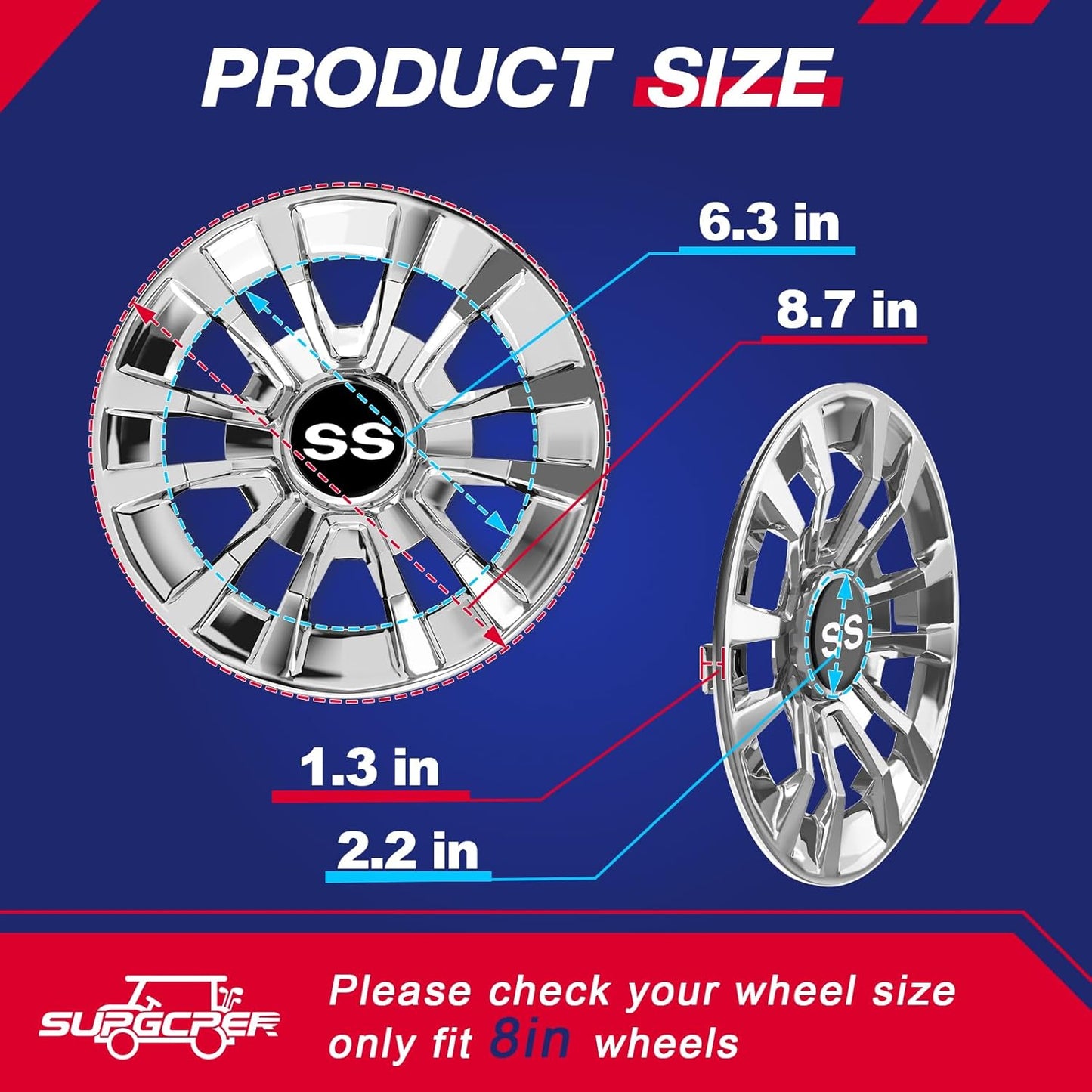 Golf Cart SS Wheel Covers, Golf Cart Hub Caps for Club Car EZGO Yamaha and Most Golf Carts, 6-Spoke Design, 8 Inch Golf Cart Wheel Hubcaps (Set of 4), Snap-on Installation, Not Fit EZGO RXV