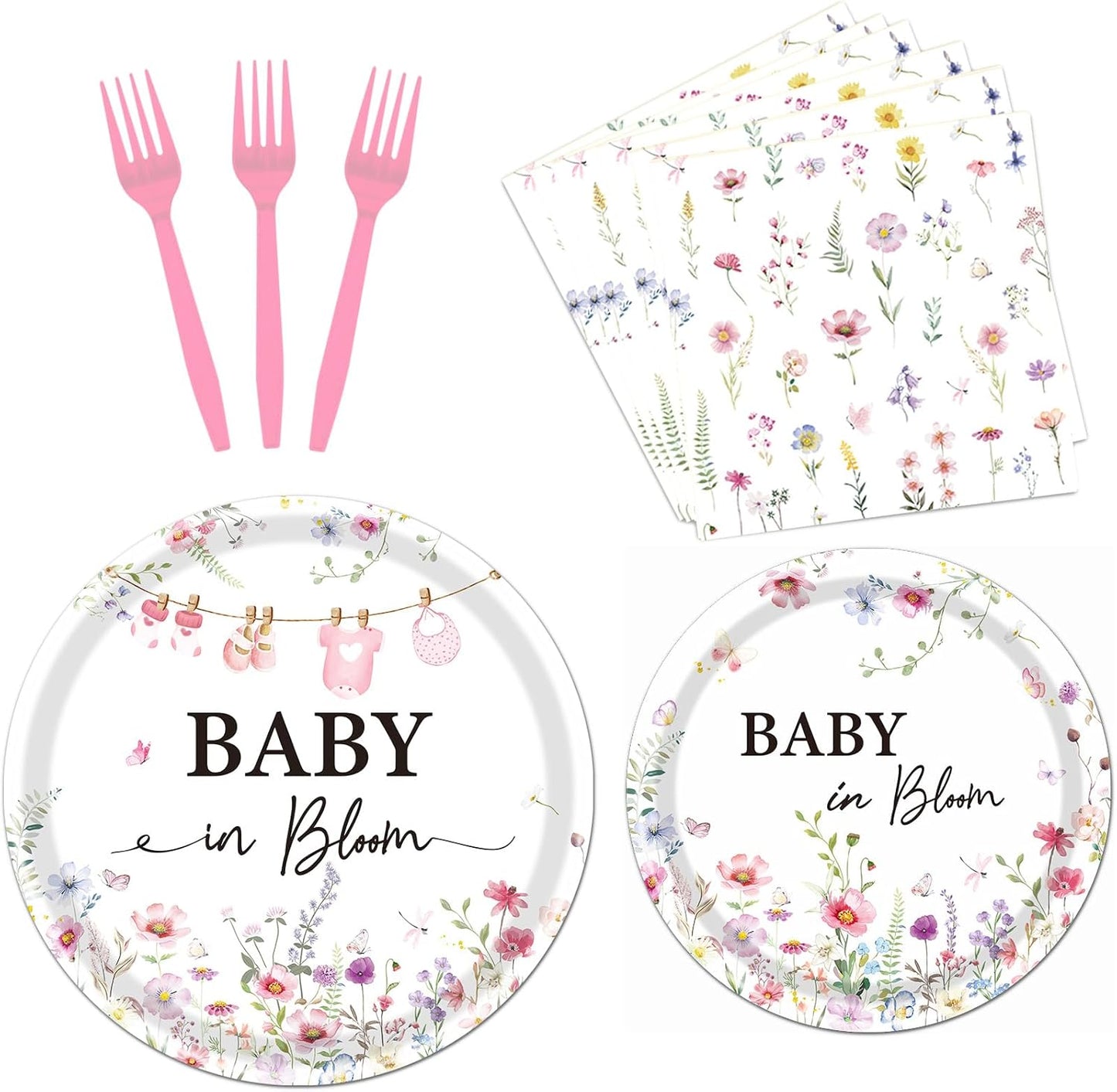 Rakuto Baby in Bloom Baby Shower Decorations Tableware Supplies, Wildflower Baby Shower Party Plates and Napkins Set, Disposable Paper Flower Dinnerware for Girls Serves 24