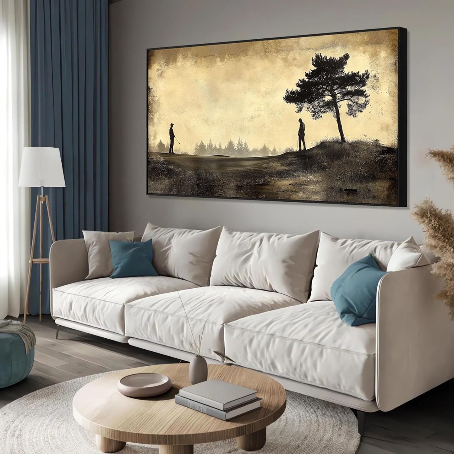 Vintage Golfers Landscape Wall Art, Golf Canvas Print, Golfers Picture Artwork for Wall, Rustic Wall Art, Horizontal Wall Decor, Vintage Sports Poster, Gift for Dad, Man Cave Decor (Gold Framed, 47"x23"|120x60cm)